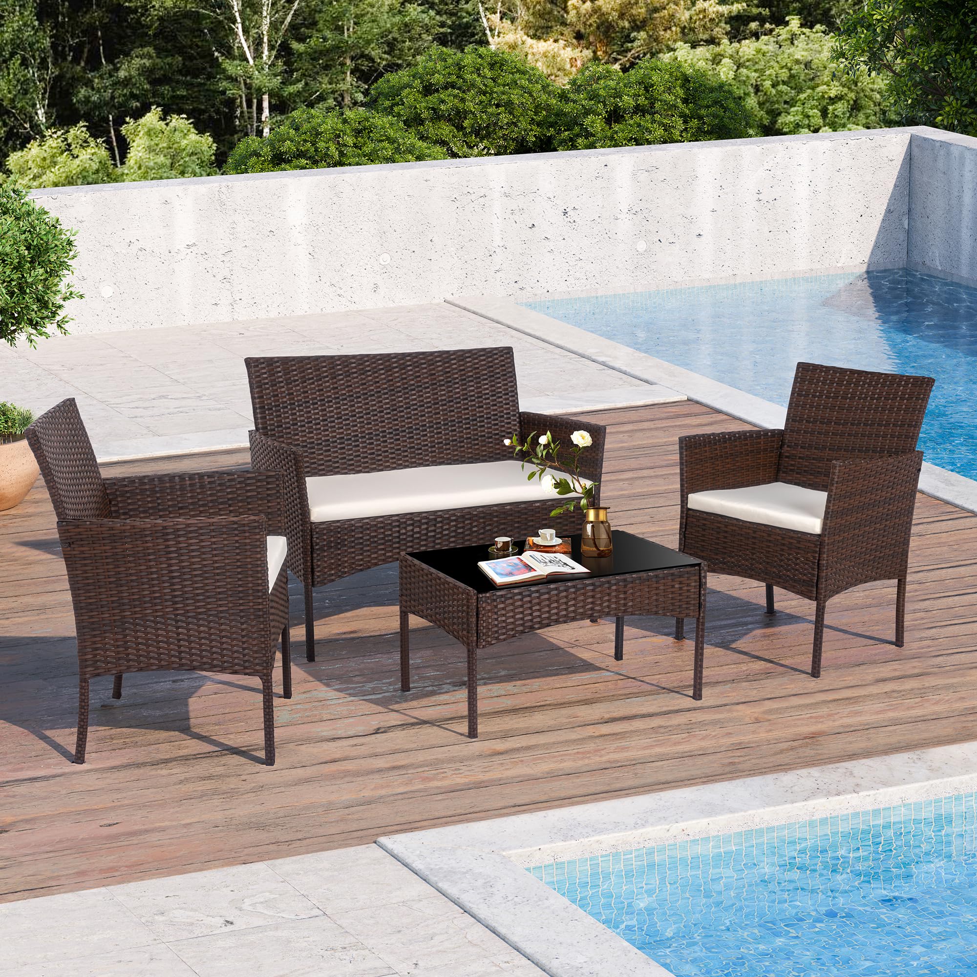 4 Piece Outdoor Wicker Rattan  - Outdoor Furniture Loveseat のレビューと価格