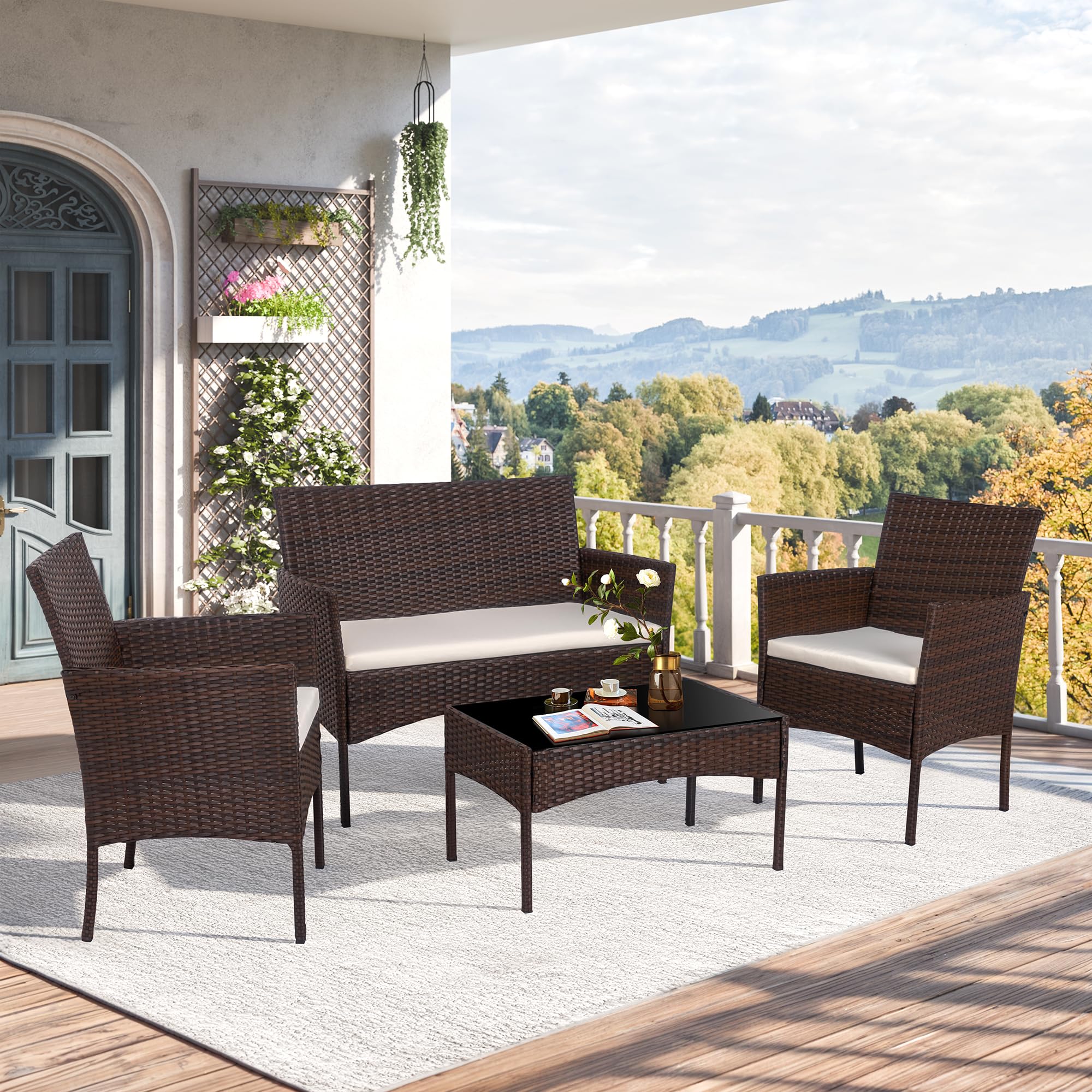 4 Piece Outdoor Wicker Rattan  - Outdoor Furniture Loveseat のレビューと価格